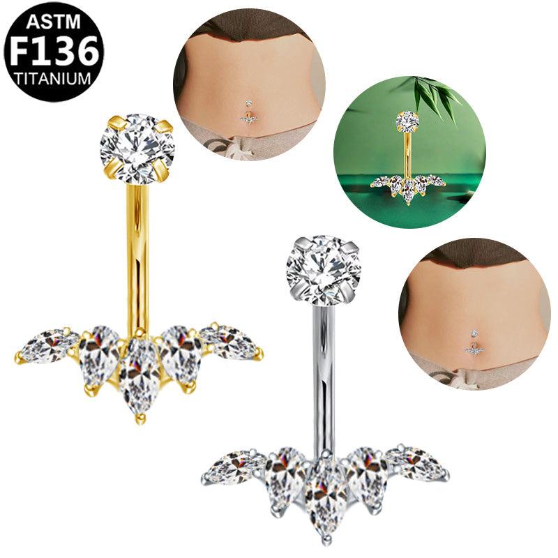 Bauchnabel- oder Intimpiercing aus ASTM F136 Titan mit Tropfenkristall Design mit eingefassten Zirkonia Kristallen in Silber und Gold aus der Royal Essentials Kollektion
