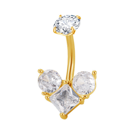 Bauchnabelpiercing aus ASTM F136 Titan in Gold mit eingefassten Zirkonia Kristallen und Herz Motiv 1,6 x 10mm