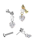 Ohrpiercing mit Perlen und herzförmigen Zirkonia Kristall Anhänger Push In - Chirurgenstahl 316L (9246261969224)