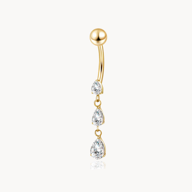 Bauchnabel Titan 18kt Gold Bananabell 3-fach Tropfen Anhänger die nach unten größer werden mit Zirkonia Kristallen 1,6×10 mm – ROYALSKIN 