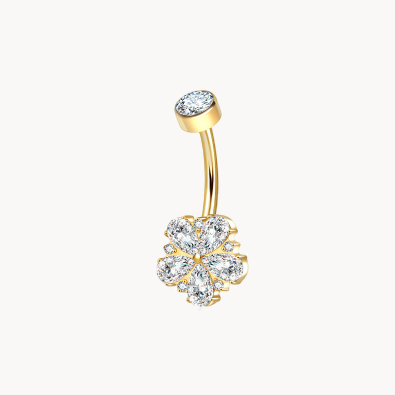 Bauchnabel Titan 18kt Gold PVD Bananabell Kleeblatt Motiv mit eingefassten Zirkonia Kristallen 1,6×10 mm 