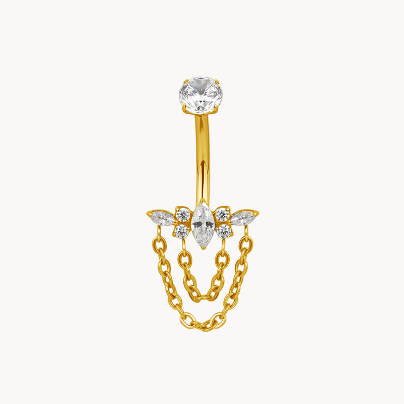 Bauchnabel Titan (ASTM F136) 18kt Gold PVD Bananabell Marquise-Cluster mit Ketten 1,6×10 mm – ROYALSKIN