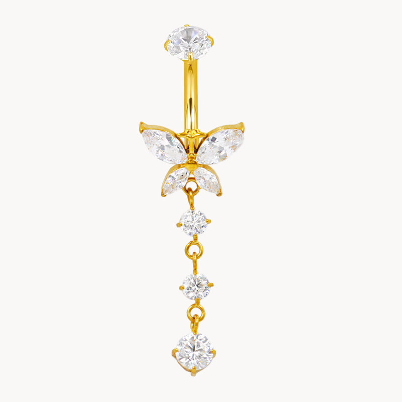 Bauchnabel Titan18kt Gold PVD Bananabell Schmetterling Motiv mit 3 Kristallen Anhänger – ROYALSKIN