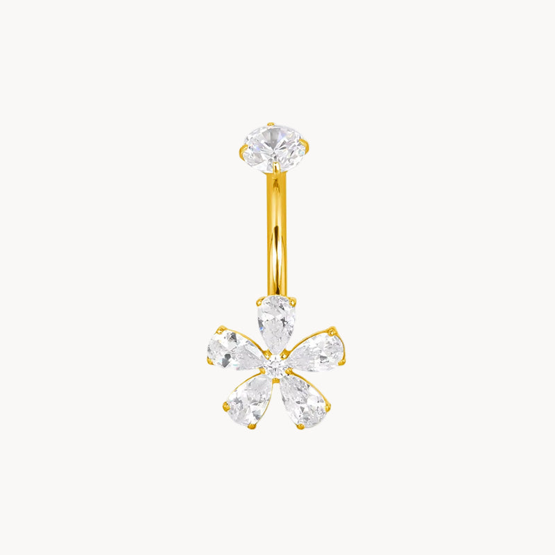 Bauchnabel Titan 18kt Gold PVD Bananabell Blütenmotiv mit 5 Kristallen mit Innengewinde 