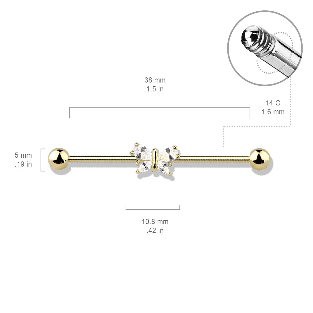 Industrialpiercing Ohrpiercing mit Schmetterling Motiv vergoldet mit Zirkonia Kristallen (Chirurgenstahl 316L) (9172527350088)