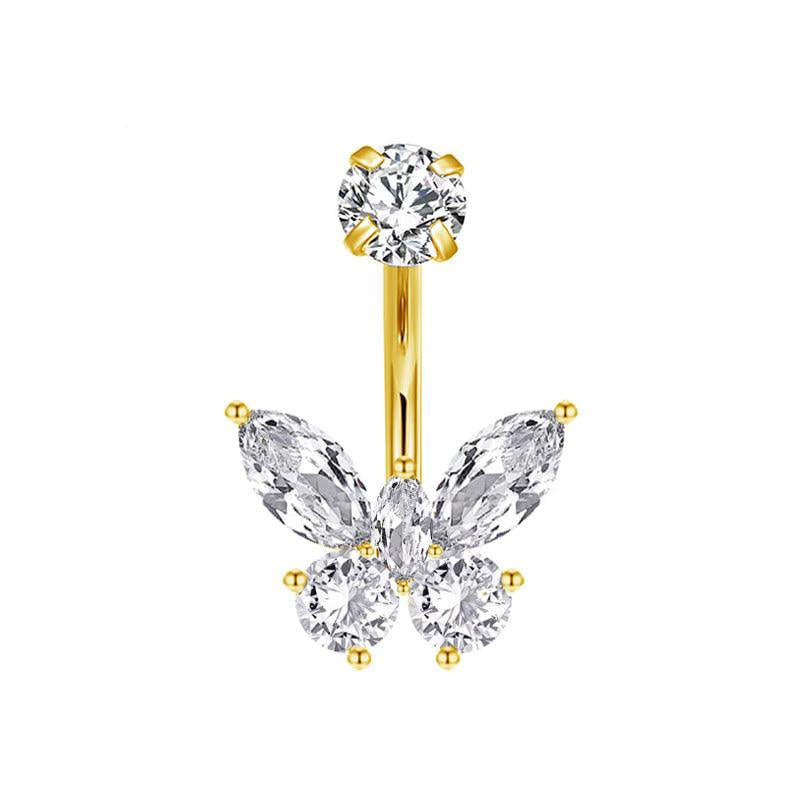 TITAN ASTM F136 Gold mit Schmetterlings Motiv Marquise und runden Zirkonia Kristallen für Bauchnabel-, Intimpiercings..