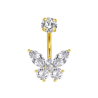 TITAN ASTM F136 Gold mit Schmetterlings Motiv Marquise und runden Zirkonia Kristallen für Bauchnabel-, Intimpiercings..