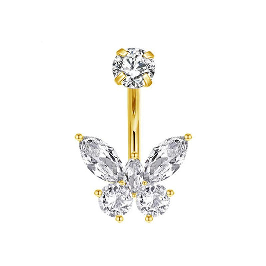 TITAN ASTM F136 Gold mit Schmetterlings Motiv Marquise und runden Zirkonia Kristallen für Bauchnabel-, Intimpiercings..