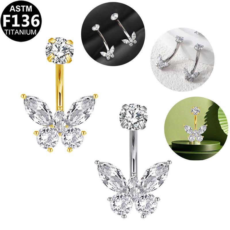 Bauchnabel- oder Intimpiercing aus ASTM f136 Titan mit Schmetterlings Design mit eingefassten Zirkonia Kristallen in Silber & Gold aus der Royal Essentials Kollektion