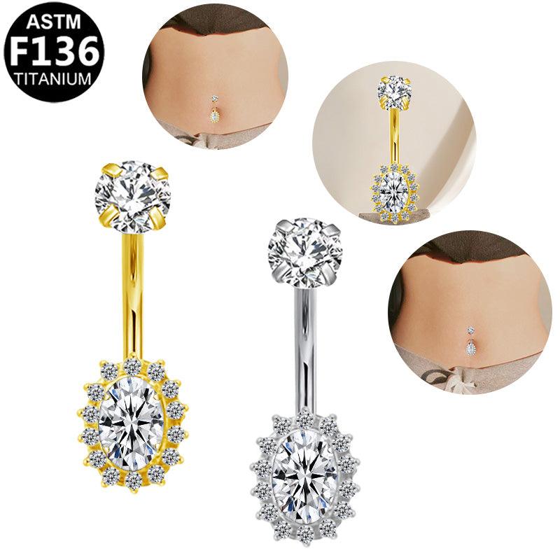 Bauchnabel- oder Intimpiercing auf ASTM F136 Titan im Halo Design mit eingefassten Zirkonia Kristallen in Silber & Gold, aus der Royal Essentials Kollektion 