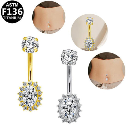 Bauchnabel- oder Intimpiercing auf ASTM F136 Titan im Halo Design mit eingefassten Zirkonia Kristallen in Silber & Gold, aus der Royal Essentials Kollektion 