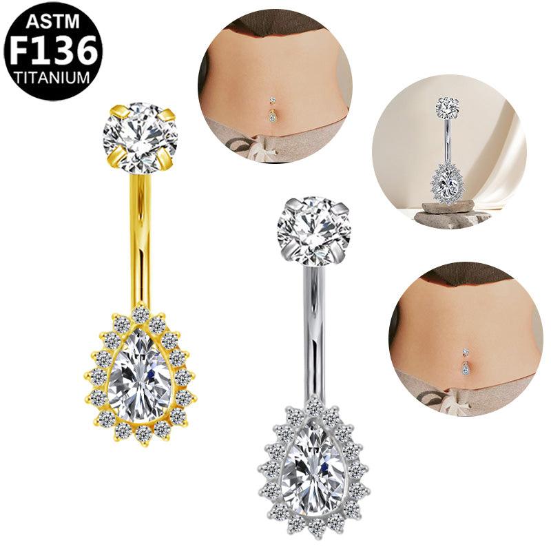 Bauchnabel- oder Intimpiercing aus ASTM F136 Titan mit Tropfen Halo Design mit Zirkonia Kristallen in Silber & Gold aus der Royal Essentials Kollektion