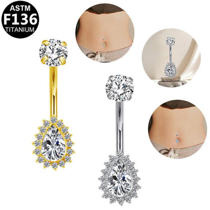 Bauchnabel- oder Intimpiercing aus ASTM F136 Titan mit Tropfen Halo Design mit Zirkonia Kristallen in Silber & Gold aus der Royal Essentials Kollektion