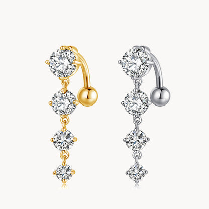 Titan ASTM F-136 & in 18kt Gold PVD Beschichtung nebeneinander Bananabell mit 5mm Kugel und 4 runden CZ Zirkonia Kristallen im Drop Down Anhänger für das Bauchnabelpiercing