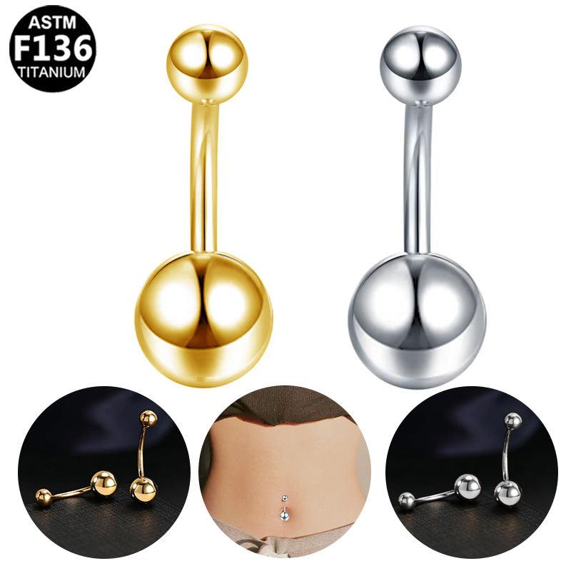 Bauchnabelpiercing und/oder intimpiercing auf ASTM F136 in Gold und Silber mit Kugeln - Produkt- und Tragebilder auf schwarzem Hintergund