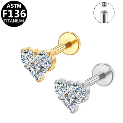 Labret Piercing aus ASTM F136 Titan mit Herz Zirkonia Design in Gold & Silber aus der ROYAL Essentials Kollektion - geeignet für Helix, Tragus & Nasenpiercing