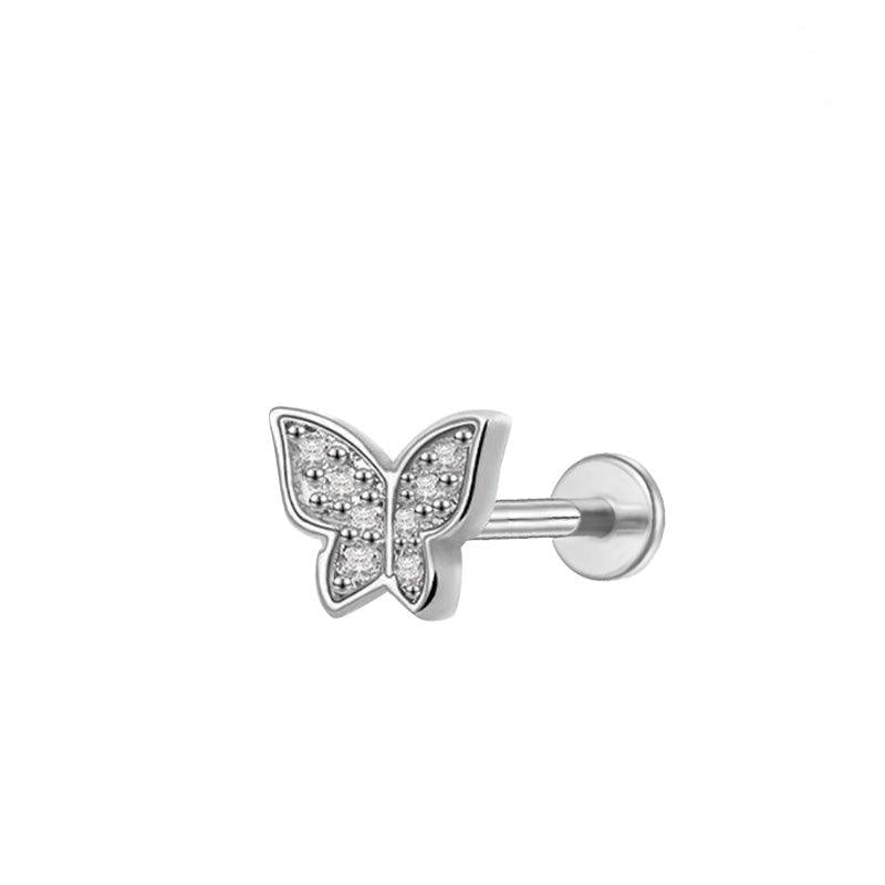 TITAN ASTM F136 Labret mit Innengewinde in simpel Butterfly otiv und eingefassten Zirkonia Kristallen Silberfarbig für Ohr-, Conch-, Flat Piercings