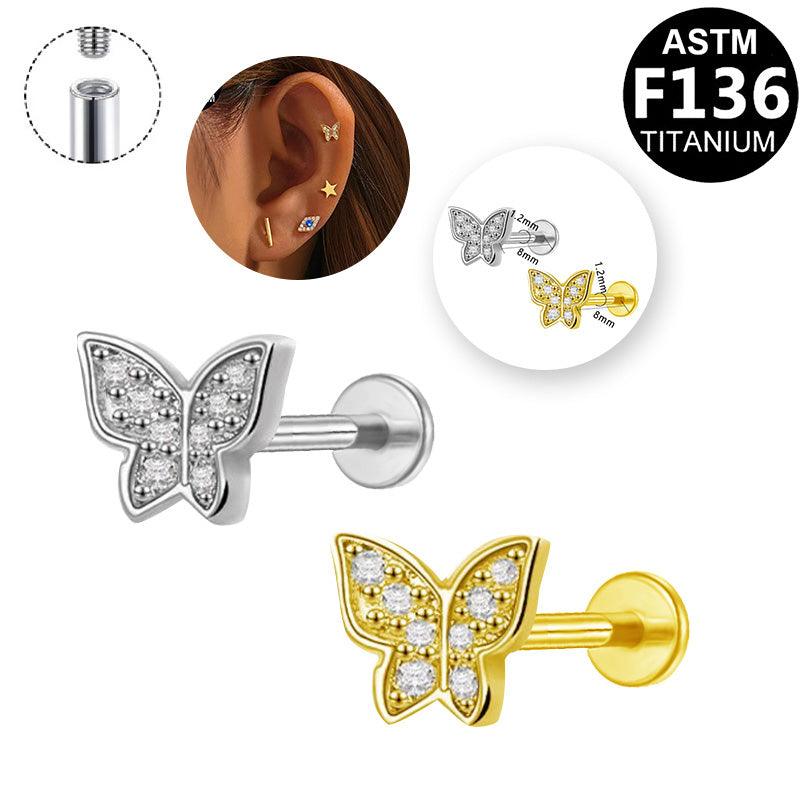 Labret Piercing aus ASTM F136 Titan mit Butterfly Zirkonia Design in Silber & Gold aus der ROYAL Essentials Kollektion - geeignet für Helix, Flat & Nasenpiercing
