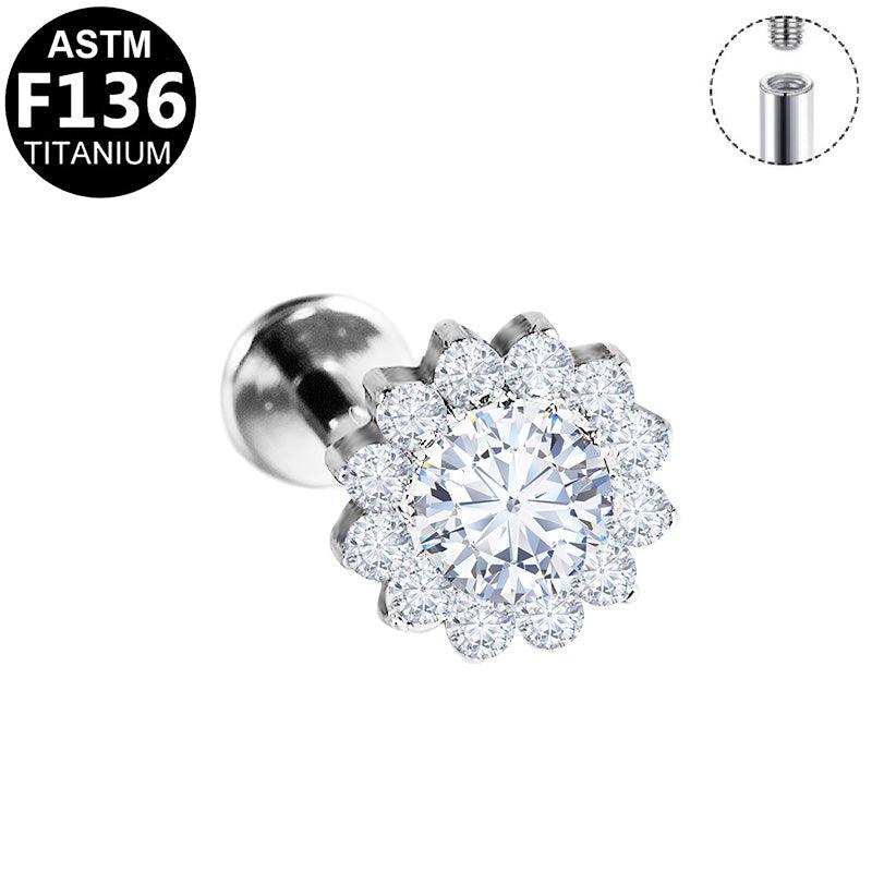 TITAN ASTM F136 Labret mit Innengewinde Silber Farbig mit Blumen Design und eingefassten Zirkonia Kristallen für Conch-, Flat-, Helix Piercings