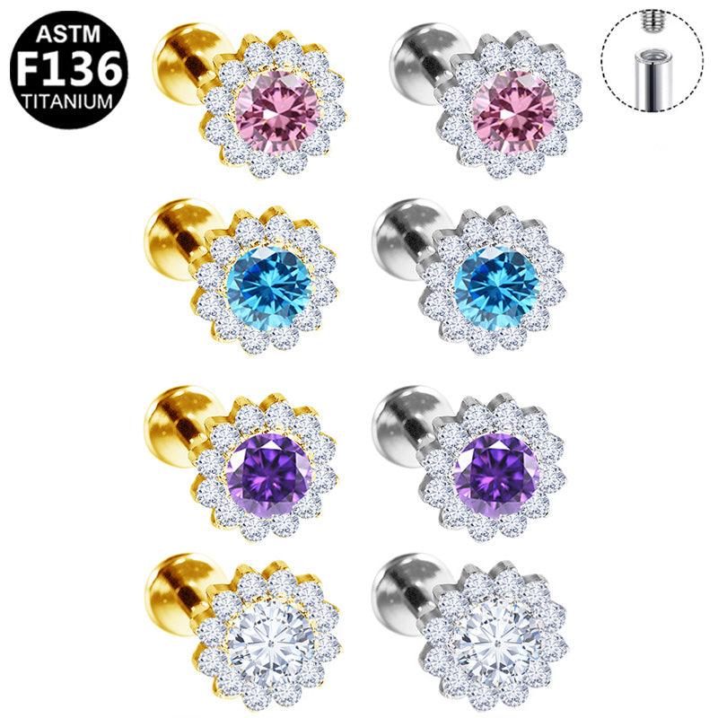 Labret Piercing aus ASTM F136 Titan mit Zirkonia Krank Design in Silber & Gold und farbigen Kristall in der Mitte aus der ROYAL Essentials Kollektion - geeignet für Helix, Tragus & Nasenpiercing