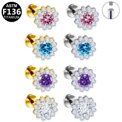 Labret Piercing aus ASTM F136 Titan mit Zirkonia Krank Design in Silber & Gold und farbigen Kristall in der Mitte aus der ROYAL Essentials Kollektion - geeignet für Helix, Tragus & Nasenpiercing