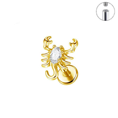 TITAN ASTM F136 Labret mit Innengewinde Gold mit Skorpion Design für conch-, Helix-, Flat Piercings