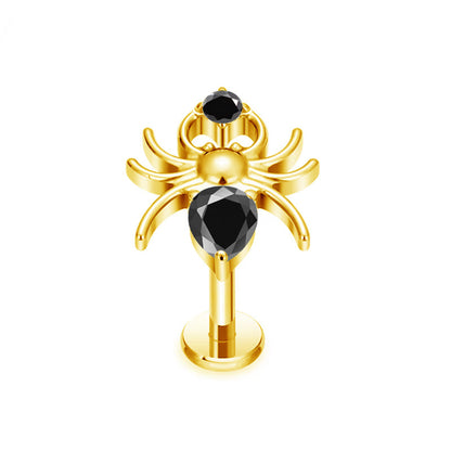 ASTM F136 Titan Labret mit Flatback in Gold mit einem Spinnenmotiv und eingefassten Zirkonia Kristallen Innengewinde 1,2 x 8 millimeter 