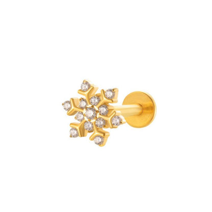 TITAN ASTM F136 Labret mit Innengewinde Gold beschichtet mit Schneeflocke Motiv und eingefassten Zirkonia Kristallen für Conch-, Flat-, Helix Piercings