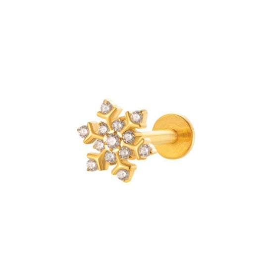 TITAN ASTM F136 Labret mit Innengewinde Gold beschichtet mit Schneeflocke Motiv und eingefassten Zirkonia Kristallen für Conch-, Flat-, Helix Piercings