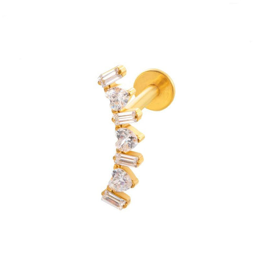 TITAN ASTM F136 Labret mit Innengewinde Gold beschichtet mit 4 Baguette und 3 Herz geschliffenen Zirkonia Kristallen für Conch-, Helix Piercings