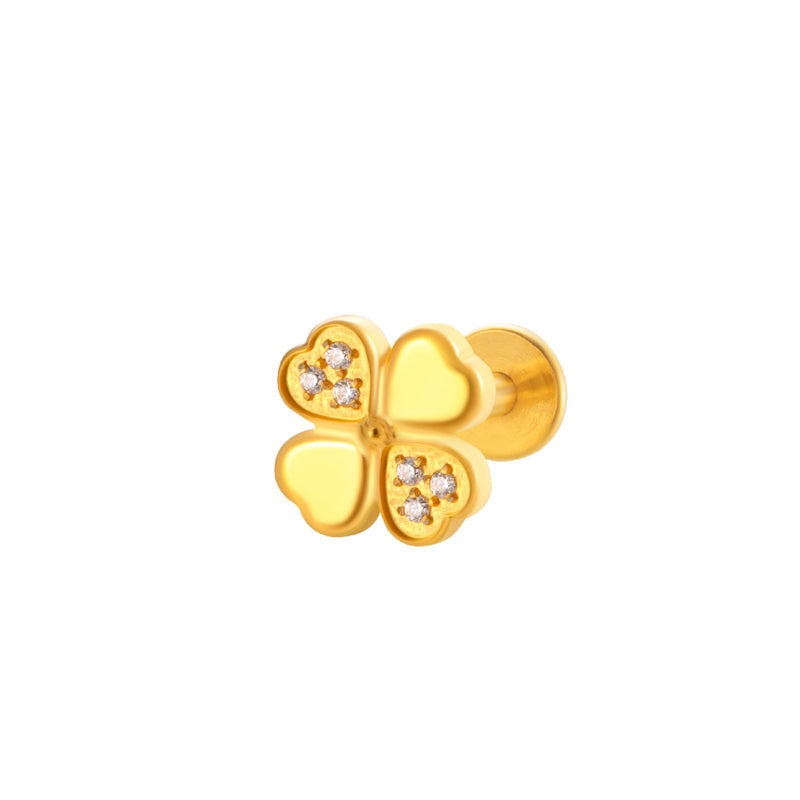 ASTM F136 Titan Labret Gold mit Innengewinde und Flat back Kleeblatt Motiv mit eingefassten Zirkonia Kristallen 1,2x8 millimeter