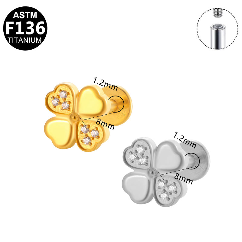 Titan Labret &quot;Lucky Clover&quot; mit eingefassten Zirkonia Kristallen - Innengewinde