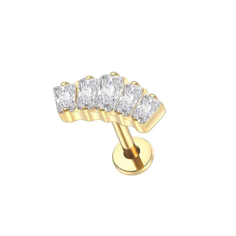 TITAN ASTM F136 Labret mit Innengewinde mit 5 Baguette geschliffenen Zirkonia Kristallen Gold beschichtet für Helix-, Conch-, Flat Piercings