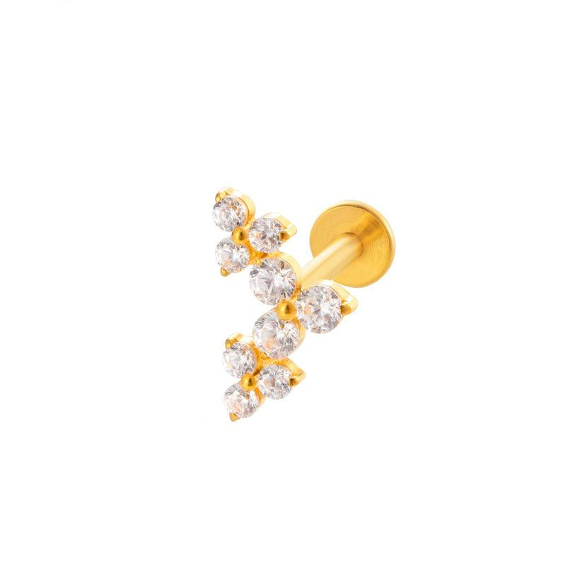 TITAN ASTM F136 Labret mit Innengewinde Gold beschichtet mit dreier Reihe eingefassten Zirkonia Kristallen für Helix-, Conch-, Flat Piercings