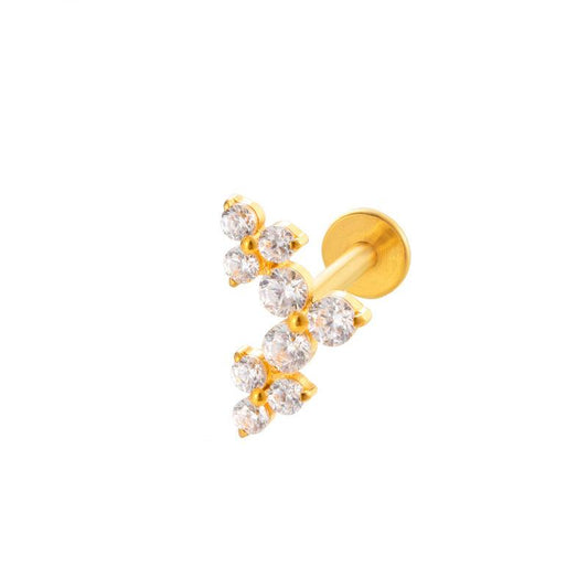 TITAN ASTM F136 Labret mit Innengewinde Gold beschichtet mit dreier Reihe eingefassten Zirkonia Kristallen für Helix-, Conch-, Flat Piercings