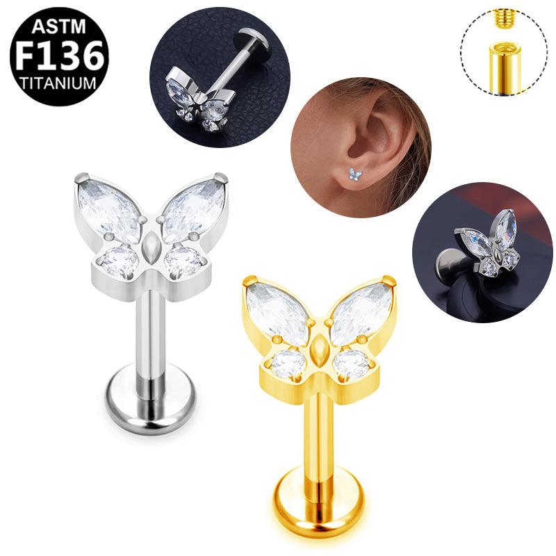 Labret Piercing aus ASTM F136 Titan mit minimalistischen Butterfly Zirkonia in Gold & Silber aus der ROYAL Essentials Kollektion - geeignet für Helix, Tragus & Nasenpiercing
