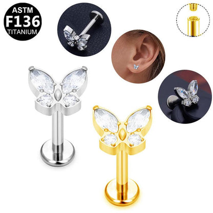 Labret Piercing aus ASTM F136 Titan mit minimalistischen Butterfly Zirkonia in Gold & Silber aus der ROYAL Essentials Kollektion - geeignet für Helix, Tragus & Nasenpiercing