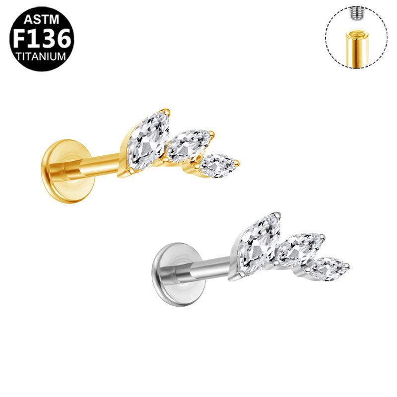 Labret Piercing aus ASTM F136 Titan mit Zirkonia Trio im Marquise Schliff in Gold & Silber aus der ROYAL Essentials Kollektion - geeignet für Helix, Tragus & Nasenpiercing