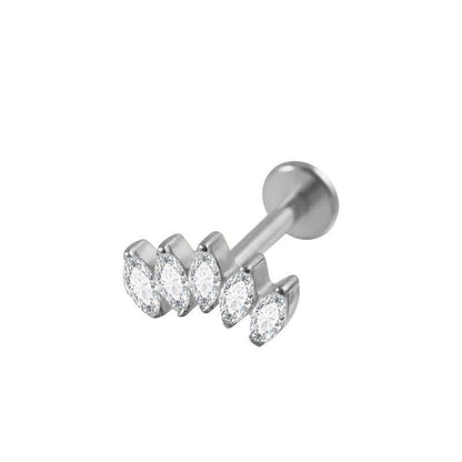 TITAN ASTM F136 Labret mit Innengewinde mit 5 Maquise geschliffenen Zirkonia Kristallen kleinen Motiv silberfarbig für Helix-. Conch-, Flat Piercings