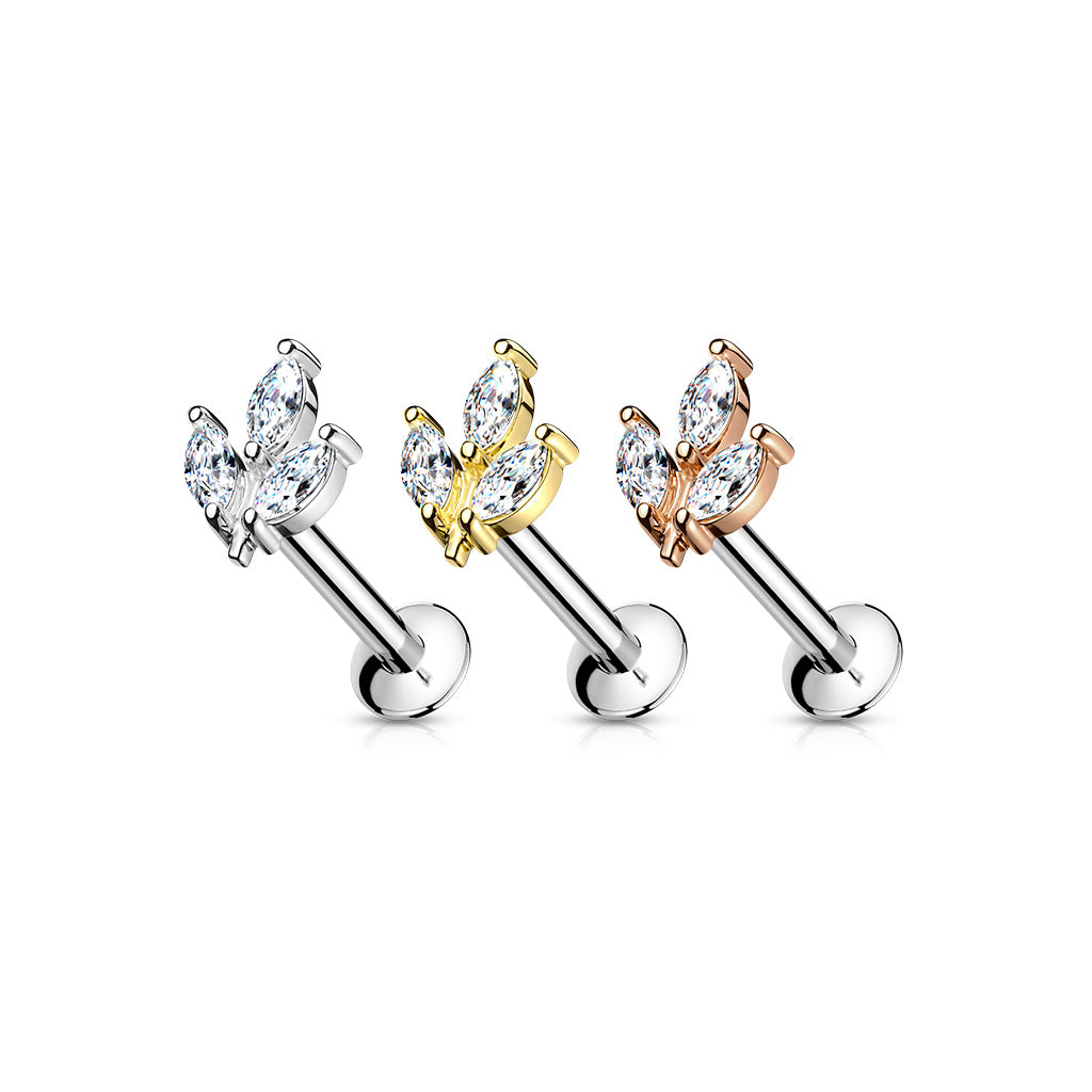 Ohrpiercing mit Blumen Motiv und Zirkonia Kristallen im Marquise Schliff - Chirurgenstahl 316L (9246122606920)