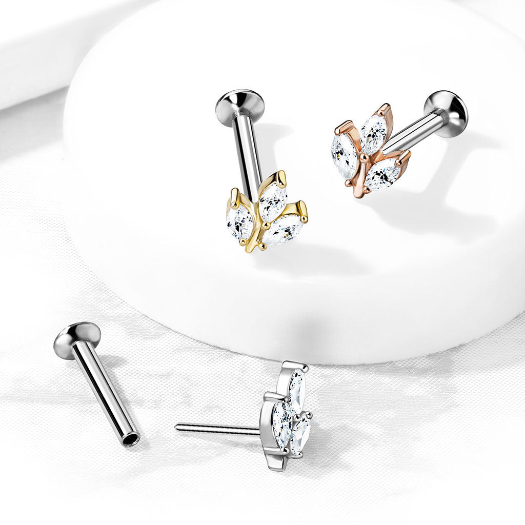 Ohrpiercing mit Blumen Motiv und Zirkonia Kristallen im Marquise Schliff - Chirurgenstahl 316L (9246122606920)