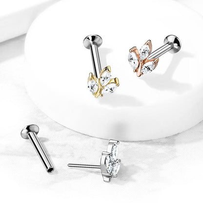 Ohrpiercing mit Blumen Motiv und Zirkonia Kristallen im Marquise Schliff - Chirurgenstahl 316L (9246122606920)