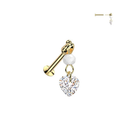 Ohrpiercing mit Perlen und herzförmigen Zirkonia Kristall Anhänger Push In - Chirurgenstahl 316L (9246261969224)