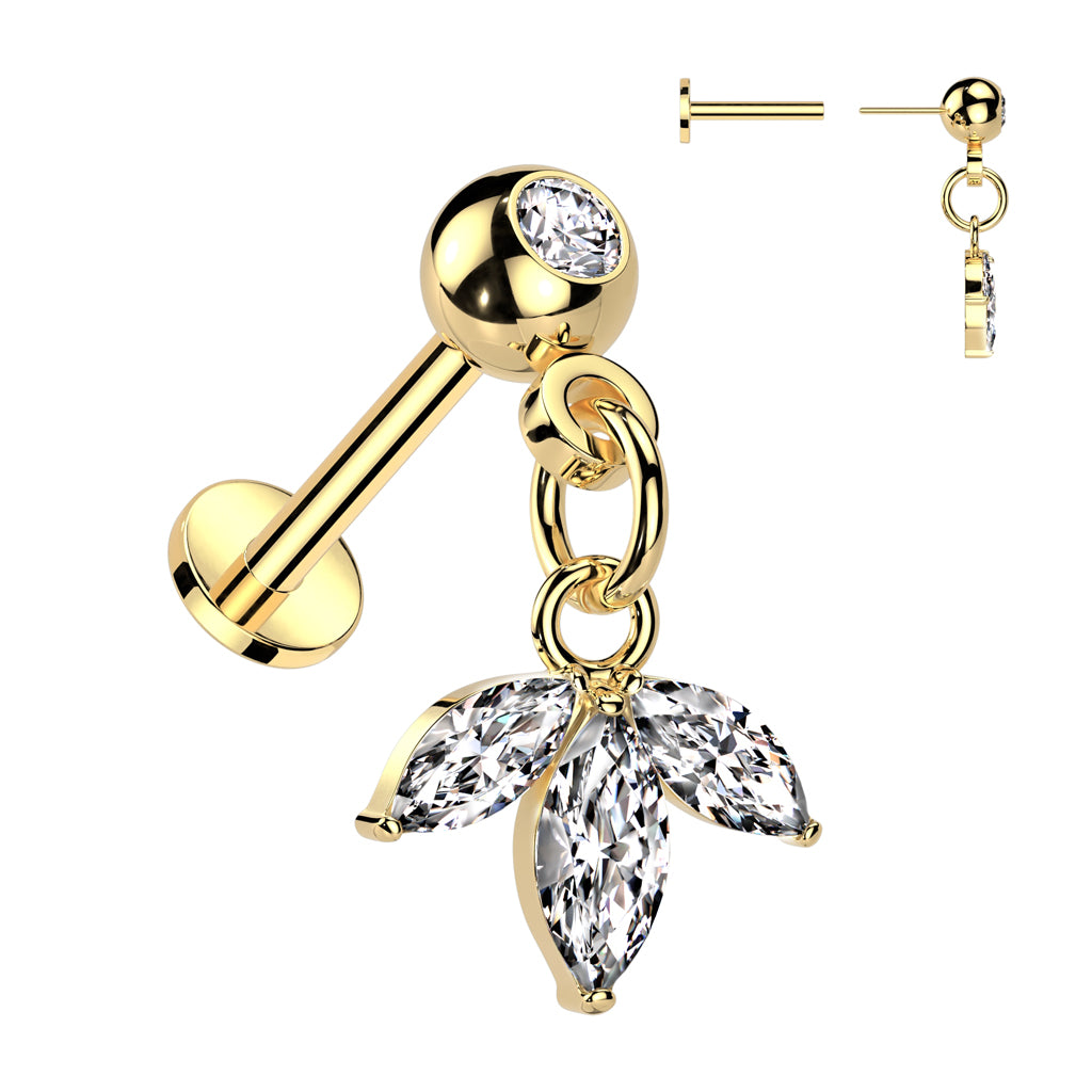 Ohrpiercing "Leaf Dangle" vergoldet mit Zirkonia Kristallen (Chirurgenstahl316) - Royal Skin Jewelry (9087066767688)