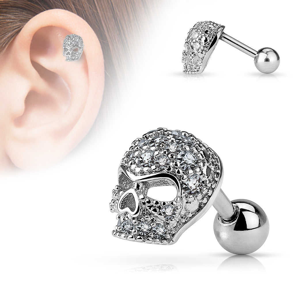 Ohrpiercing mit Totenkopf Motiv mit Zirkonia Kristallen Schraubverschluss - Chirurgenstahl 316L (9248411484488)