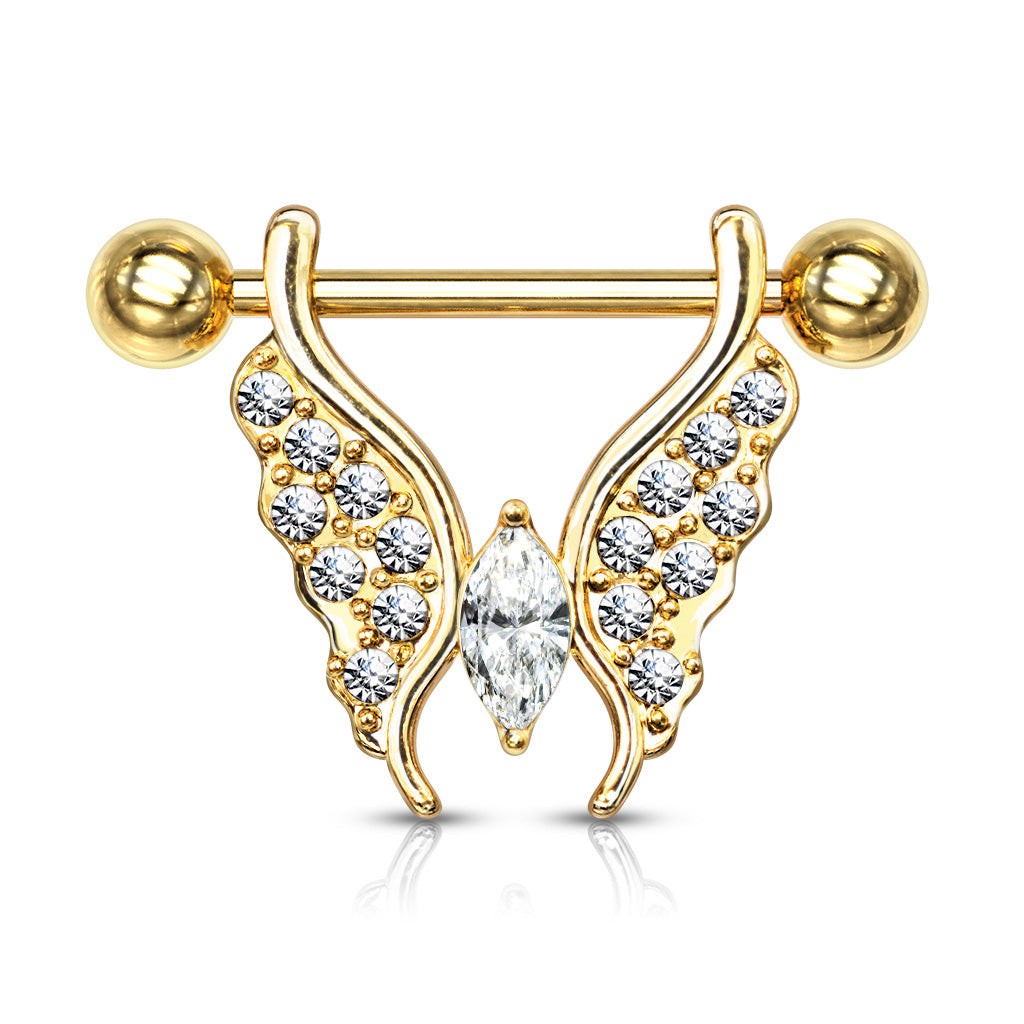 Vergoldetes Chirurgenstahl Brustpiercing mit Schmetterling, Marquise Kristall und Zirkonia Pavé (9183008194888)