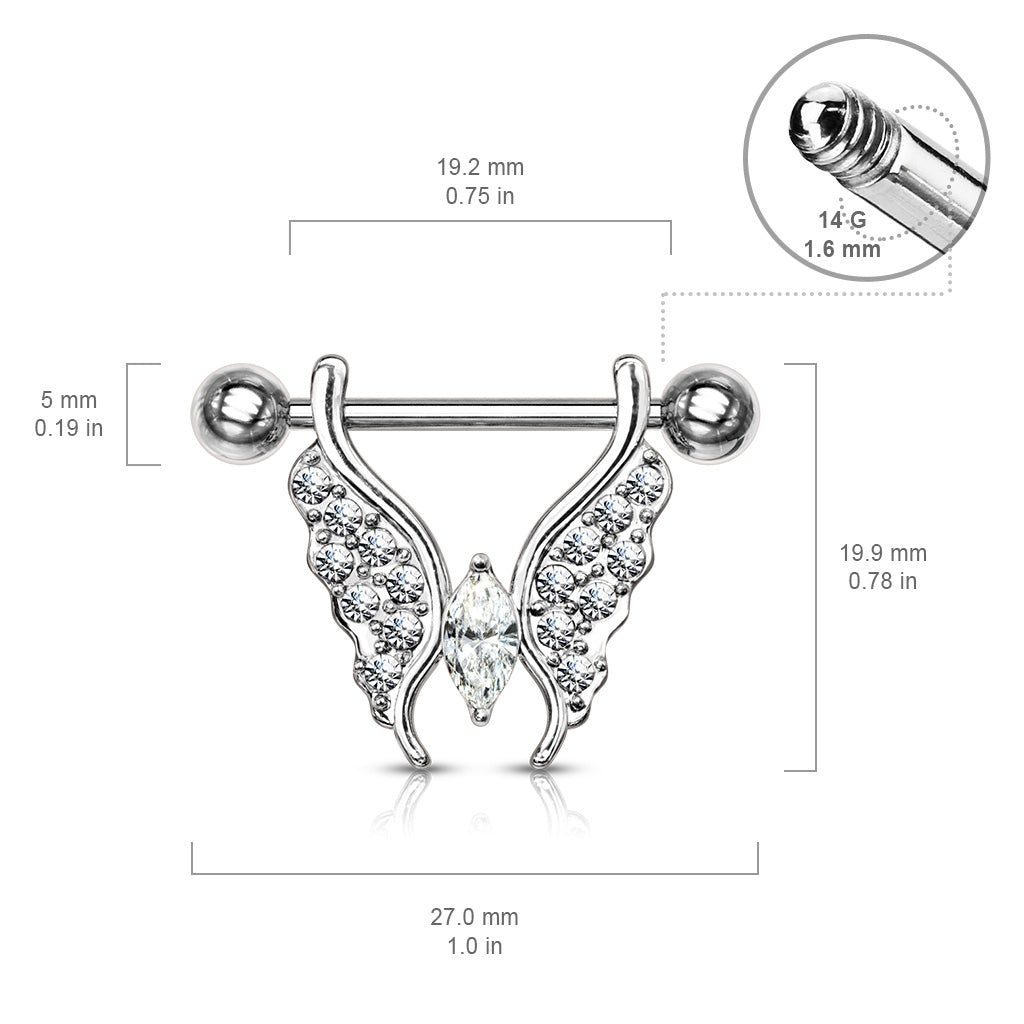 Vergoldetes Chirurgenstahl Brustpiercing mit Schmetterling, Marquise Kristall und Zirkonia Pavé (9183008194888)