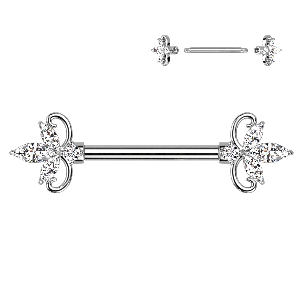 Brustwarzenpiercing mit doppeltem Herz und drei Marquise-Zirkonia, Barbell aus 316L Chirurgenstahl. (9184312131912)