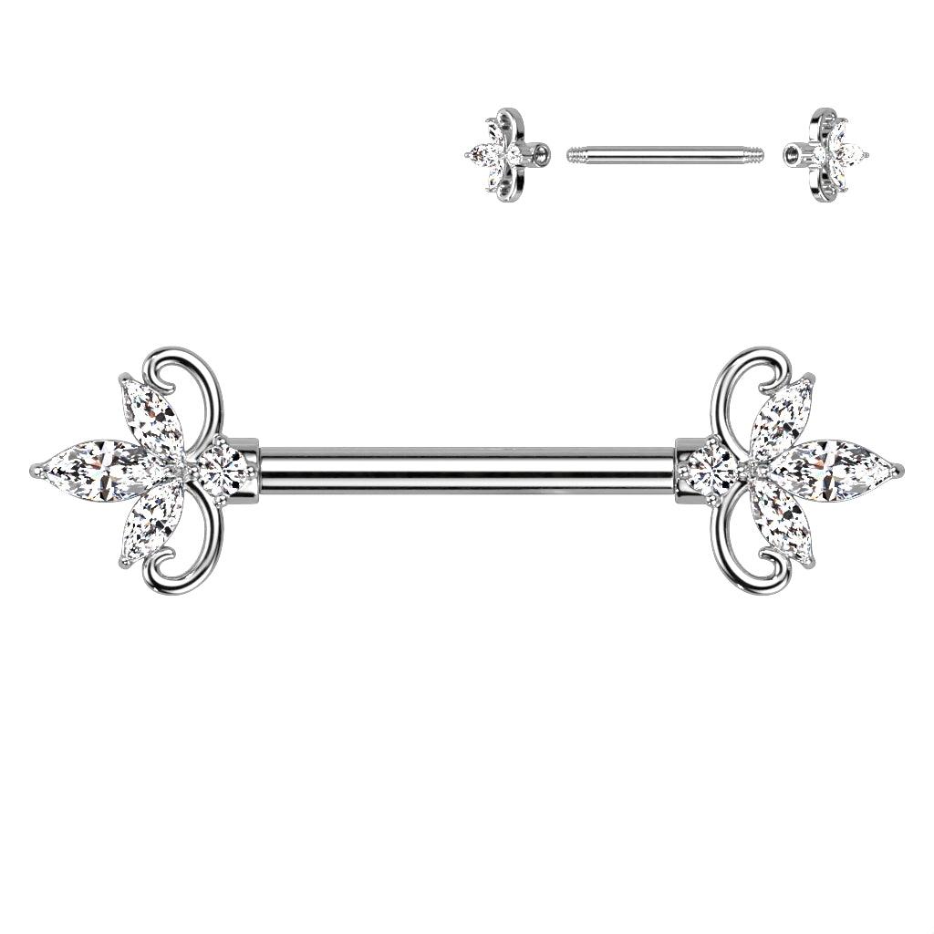 Brustwarzenpiercing mit doppeltem Herz und drei Marquise-Zirkonia, Barbell aus 316L Chirurgenstahl. (9184312131912)