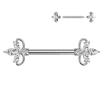Brustwarzenpiercing mit doppeltem Herz und drei Marquise-Zirkonia, Barbell aus 316L Chirurgenstahl. (9184312131912)